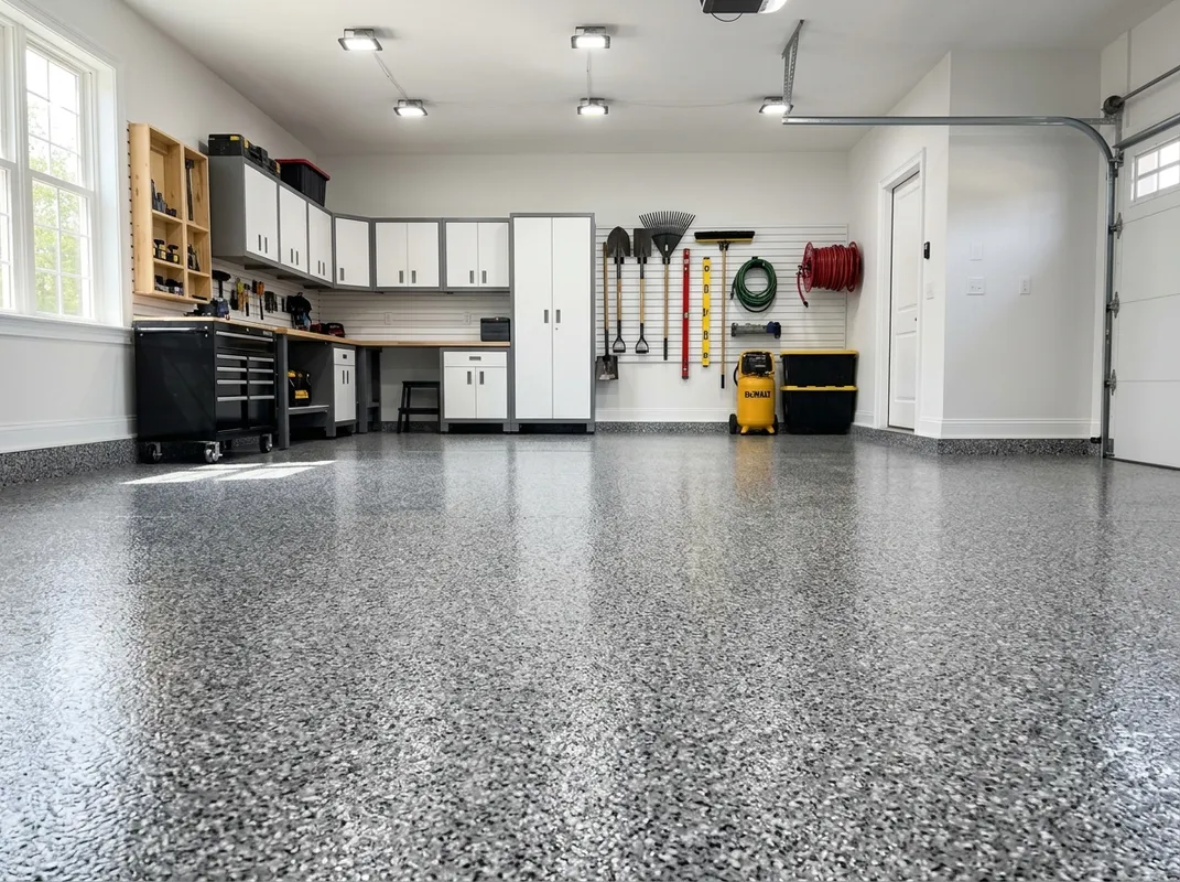 Triumph Concrete Coating Diamond-ground garage floor receiving polyurea base coat