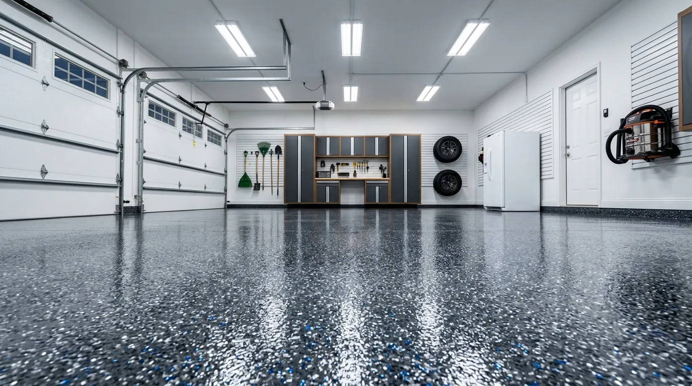Triumph Concrete Coating Showroom-quality garage floor with metallic flake polyaspartic coating